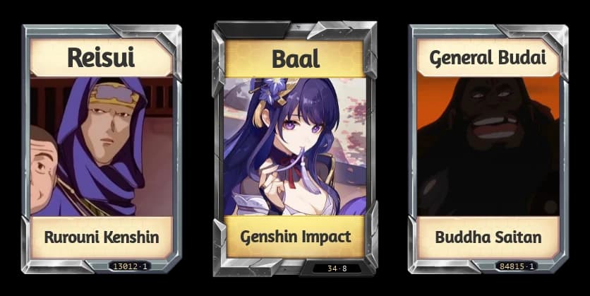 Three dropped cards: Reisui, Baal and General Budai