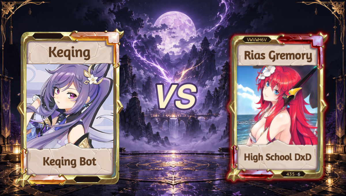 Keqing and Rias Gremory cards placed on a custom moonlit violet Card Competition background