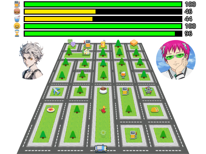 Kusuemon Date Map with gas 100, food 46, drink 44, entertainment 100, and time 96
